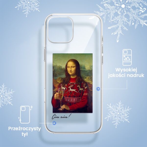 Etui na telefon z Mona Lisą w świątecznym swetrze.