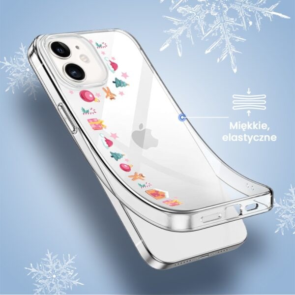 iPhone w przezroczystym etui z motywem świątecznym.