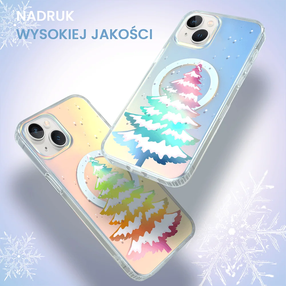 Etui na telefon z kolorowymi choinkami i brokatem.