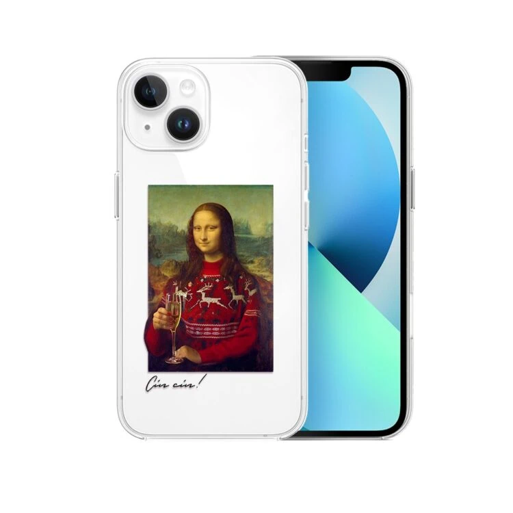 Etui do iPhone 13 Mini świąteczna Mona Lisa z szampanem, przeźroczyste (1) Pokrowiec na telefon, Mona Lisa w swetrze świątecznym.
