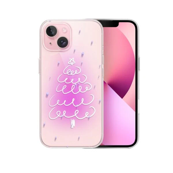 Etui do iPhone 13 malowana choinka na różowym świetle, przeźroczyste (1) Różowy iPhone z grafiką choinki na etui.