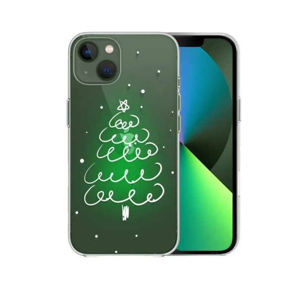 Etui do iPhone 13 malowana choinka na zielonym świetle, przeźroczyste (1) Zielony iPhone z choinkowym wzorem.
