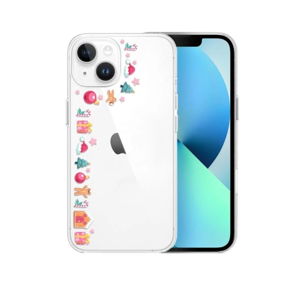 Etui do iPhone 13, świąteczne ozdoby, przeźroczyste (1) Biały smartfon z naklejkami i podwójnym aparatem.