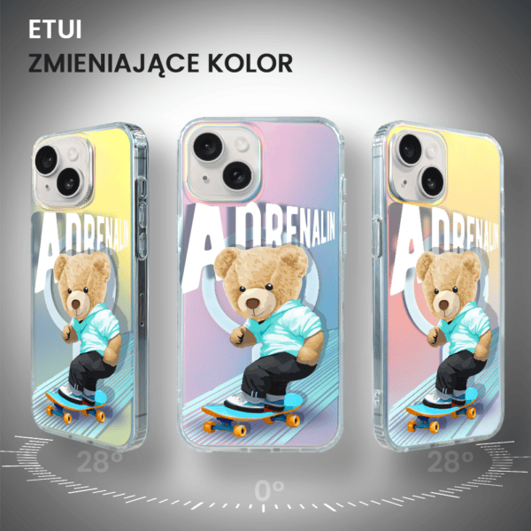 Kolorowe etui na telefon z misiem na deskorolce.