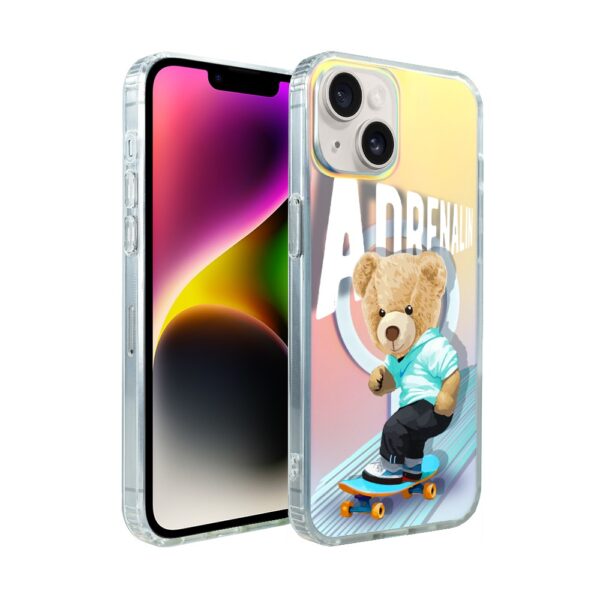 iPhone z etui i grafiką misia na deskorolce.