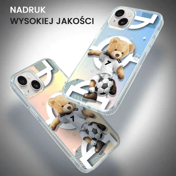 Etui na telefon z piłkarskim misiem.