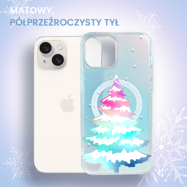 Matowy etui na iPhone, choinka, przezroczysty tył.