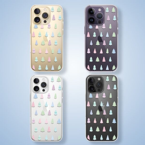 Etui na telefon z wzorem kolorowych choinek.