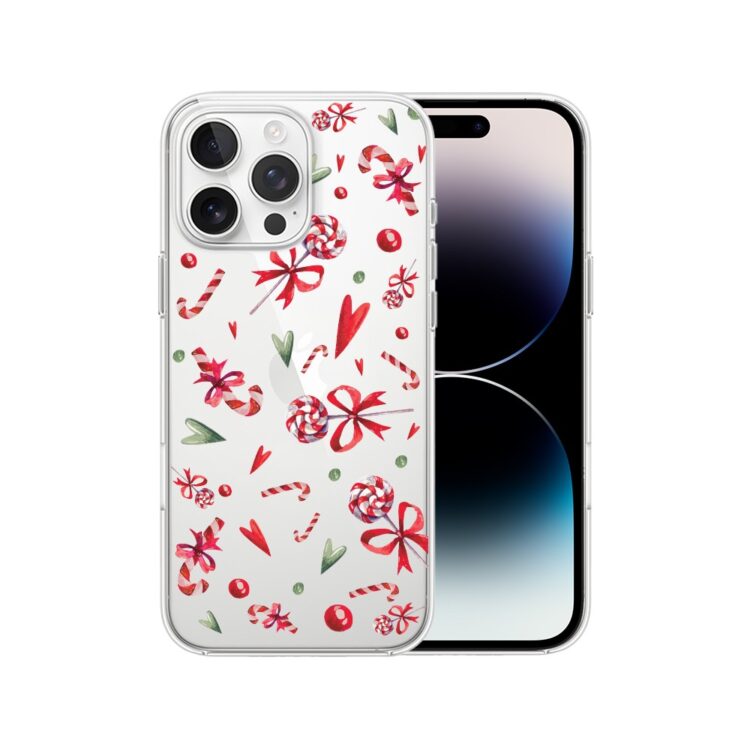Etui do iPhone 14 Pro Max, cukierki świąteczne (1) iPhone z etui świątecznym wzorem.