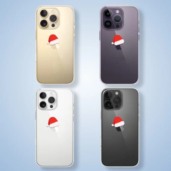 Etui do iPhone 14 Pro Max, czapka Mikołaja (1) Cztery smartfony z naklejką świąteczną.