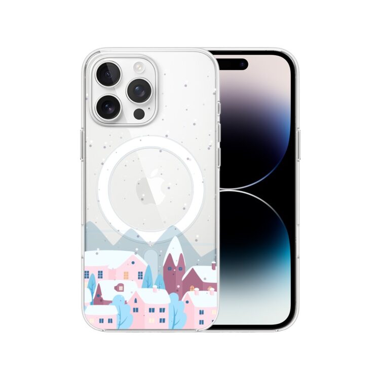 Etui do iPhone 14 Pro Max, domki w zimie, przeźroczyste (2) iPhone z grafiką zimowego miasteczka.