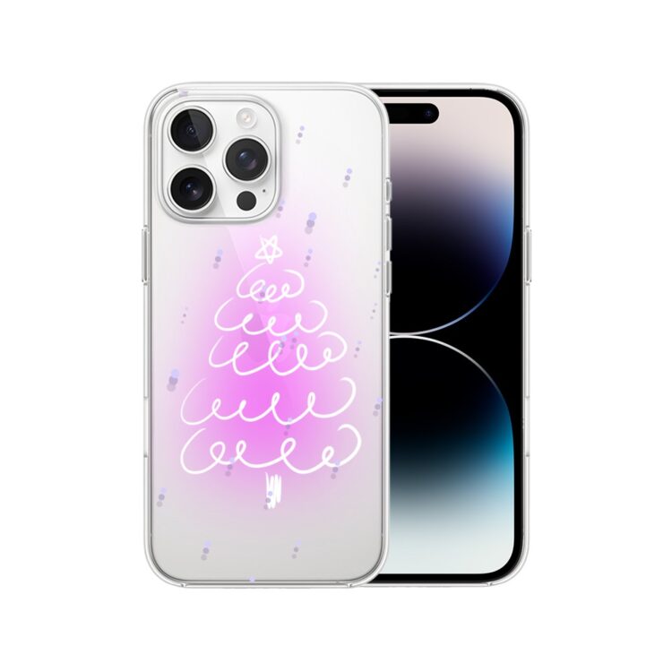 Etui do iPhone 14 Pro Max, malowana choinka na różowym świetle, przeźroczyste (1) iPhone z przezroczystym etui i grafiką choinki.