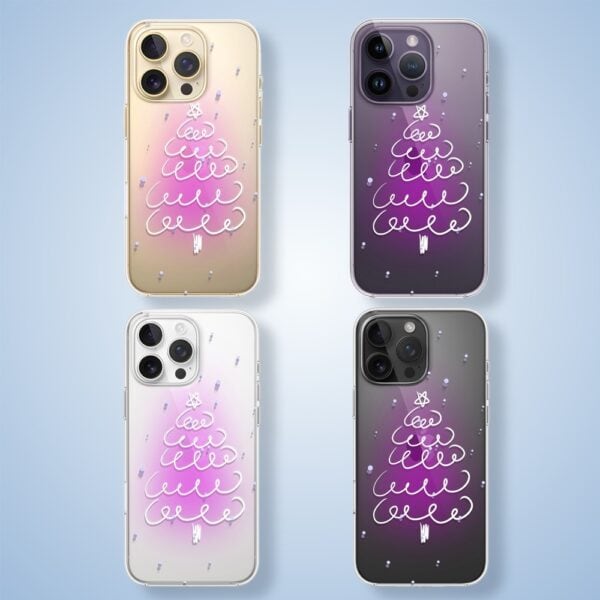 Etui do iPhone 14 Pro Max, malowana choinka na różowym świetle, przeźroczyste (2) Etui na telefon z choinką i śnieżynkami.