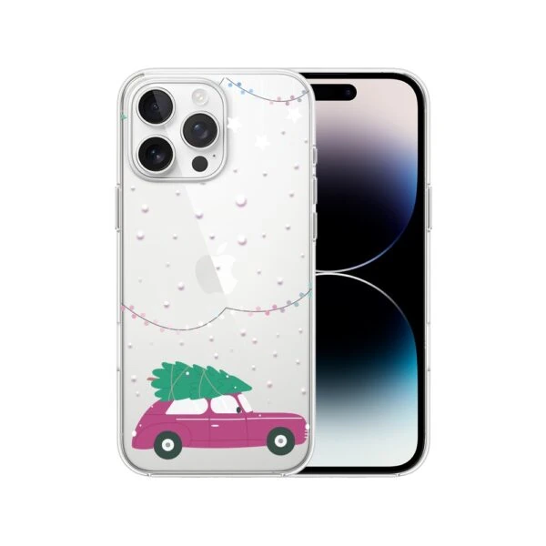 Etui do iPhone 14 Pro Max, podróż do świąt, przeźroczyste (1) iPhone z kolorowym etui i choinką.