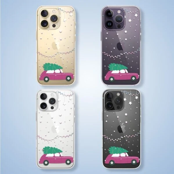 Etui do iPhone 14 Pro Max, podróż do świąt, przeźroczyste (3) Etui na telefon z samochodem i choinką, świąteczne motywy.