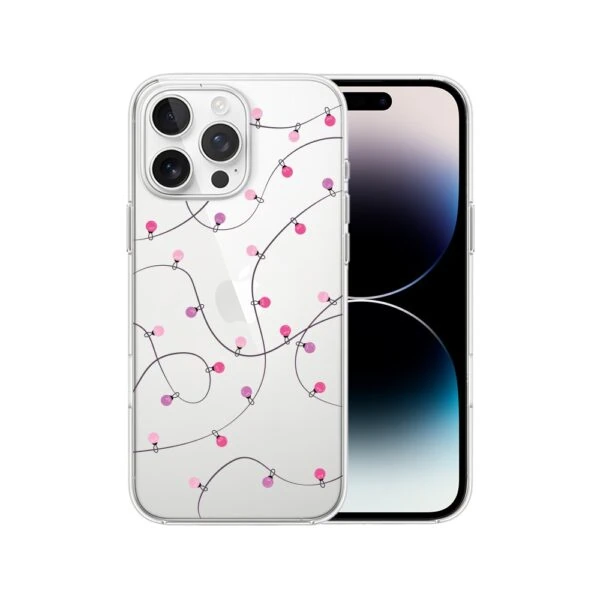 Etui do iPhone 14 Pro Max przeźroczyste, światełka świąteczne (7) iPhone z różowym wzorem w kształcie kwiatów.