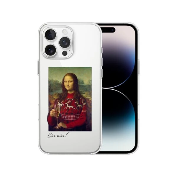 Etui do iPhone 14 Pro Max, świąteczna Mona Lisa z szampanem, przeźroczyste (1) iPhone z etui Mona Lisa w świątecznym swetrze.