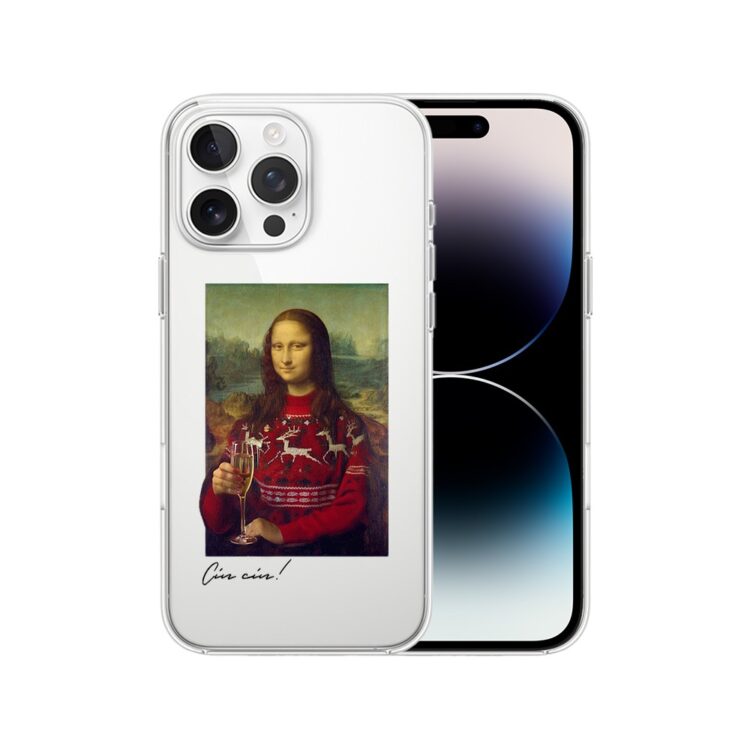 Etui do iPhone 14 Pro Max, świąteczna Mona Lisa z szampanem, przeźroczyste (1) iPhone z etui Mona Lisa w świątecznym swetrze.