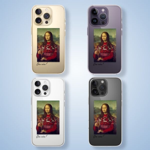 Etui do iPhone 14 Pro Max, świąteczna Mona Lisa z szampanem, przeźroczyste (2) Etui na iPhone, Mona Lisa z dzianinowym swetrem.