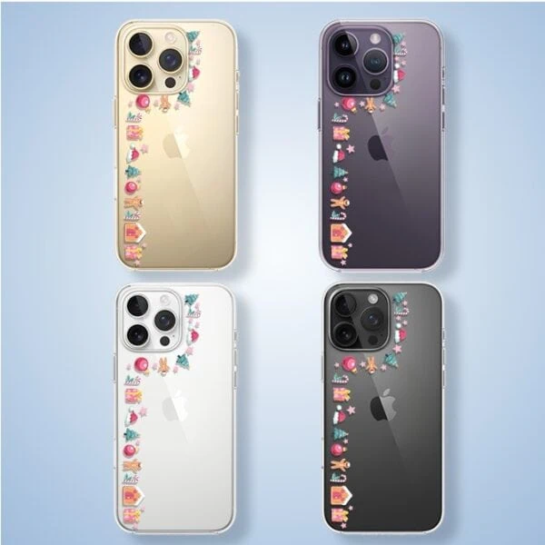 Cztery iPhone'y z ozdobnymi naklejkami.