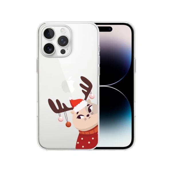 Etui do iPhone 14 Pro Max, świąteczny kotek przebrany za reniferka (1) iPhone z etui świątecznym z kotem reniferem.