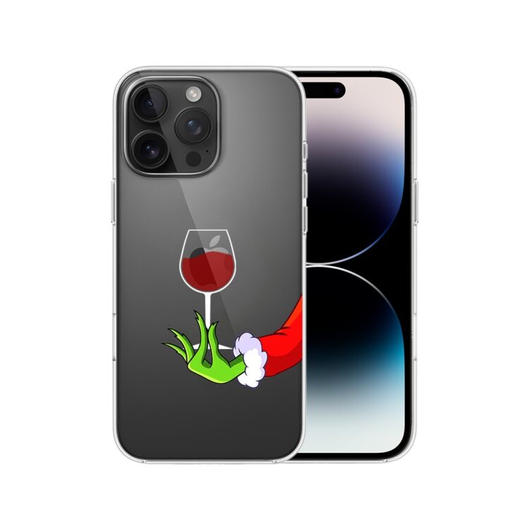 Etui do iPhone 14 Pro Max, zielony psotnik z lampką wina, przeźroczyste (1) Smartfon z naklejką wina i kwiatów.