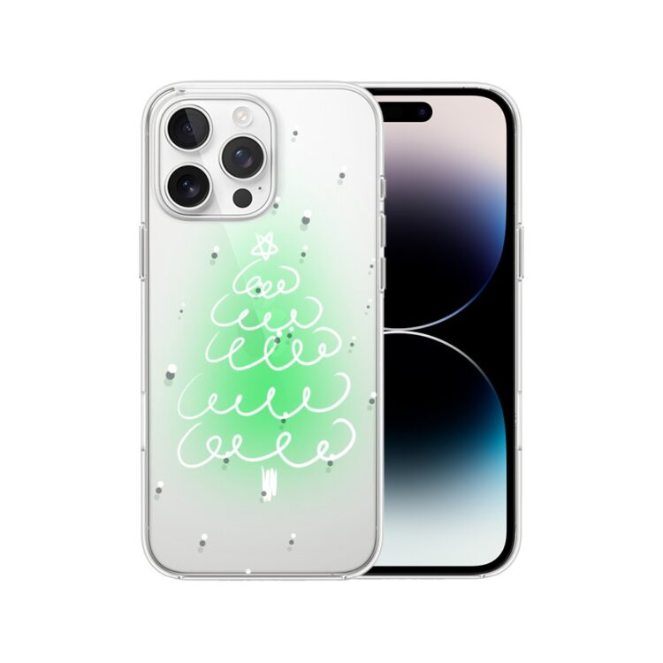 Etui do iPhone 14 Pro, malowana choinka na zielonym świetle, przeźroczyste 14 PRO Smartfon z rysunkiem choinki na tylnej obudowie.