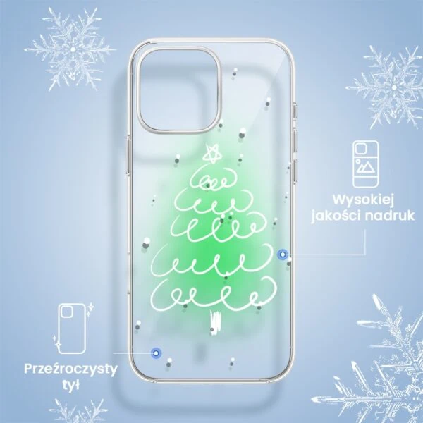 Etui do iPhone 14 Pro, malowana choinka na zielonym świetle, przeźroczyste (6) Etui na telefon z choinką, przeźroczyste, świąteczny motyw.
