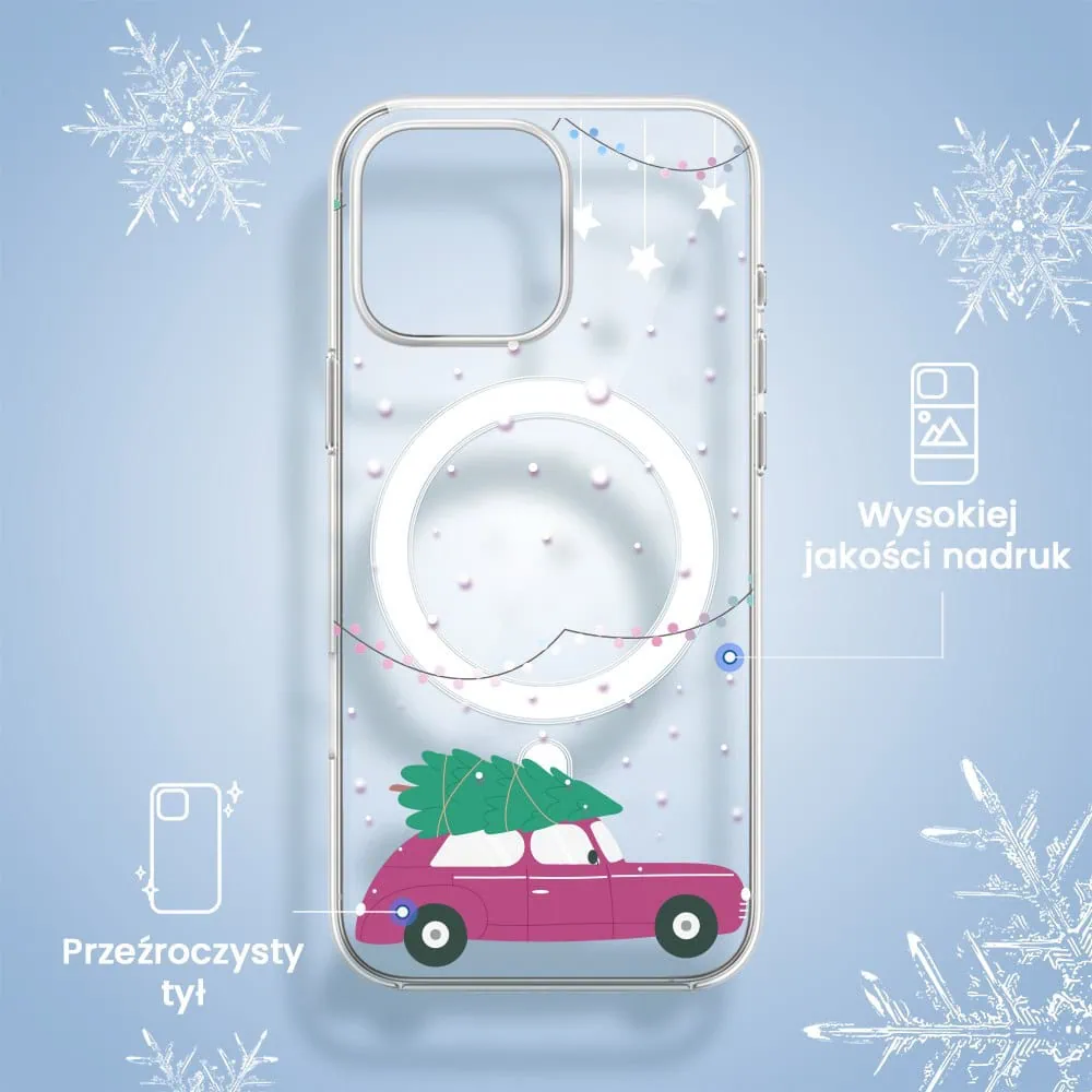 Etui na telefon z samochodem i choinką.