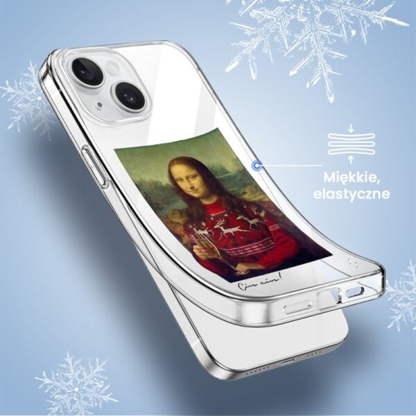 Etui na telefon z Mona Lisą w świątecznym swetrze.