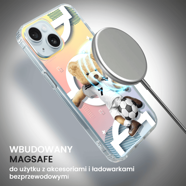 Etui na iPhone z Magsafe i grafiką piłkarskiego misia.