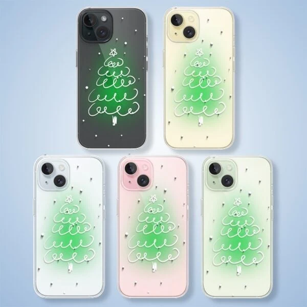 Etui na telefon z choinką w różnych kolorach.