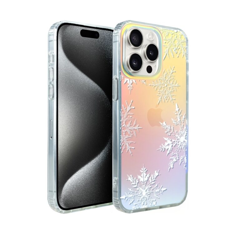 iPhone w świątecznym etui z płatkami śniegu.