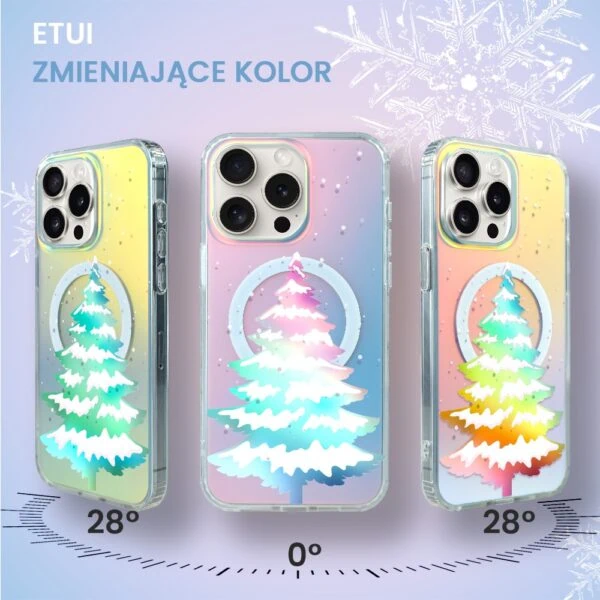 Etui do iPhone 15 Pro MagSafe Christmas, choinkowa aurora, zmieniające kolor (1) Etui na telefon zmieniające kolor, motyw świąteczny.