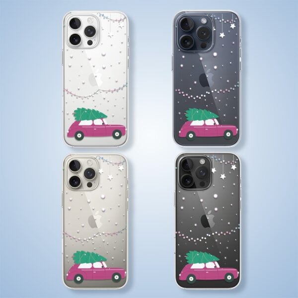 Etui na telefon z samochodem i choinką, motyw świąteczny.