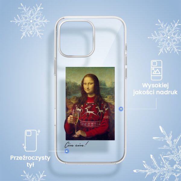 Etui do iPhone 15 Pro Max, świąteczna Mona Lisa z szampanem, przeźroczyste (7) Etui na telefon z Mona Lisą w świątecznym swetrze.