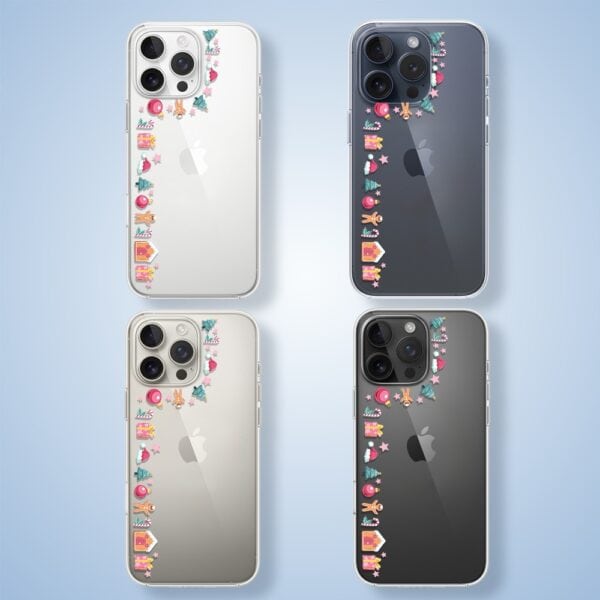 Cztery iPhone'y z ozdobnymi naklejkami.