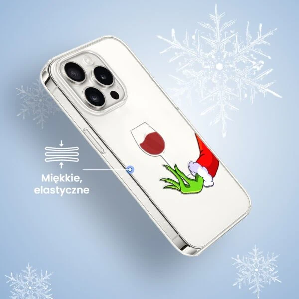 Etui do iPhone 15 Pro Max, zielony psotnik z lampką wina, przeźroczyste (1) Etui na telefon z motywem świątecznym.