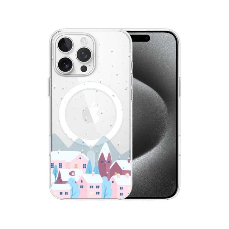 iPhone z grafiką miasteczka na obudowie.