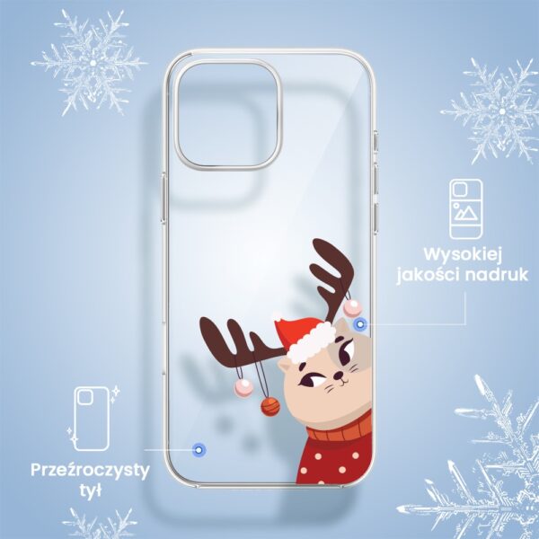 Etui do iPhone 15 Pro, świąteczny kotek przebrany za reniferka (6) Obudowa na telefon z reniferem w świątecznym klimacie.