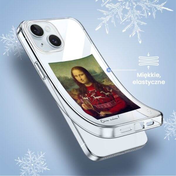 Smartfon z etui Mona Lisa w świątecznym swetrze.