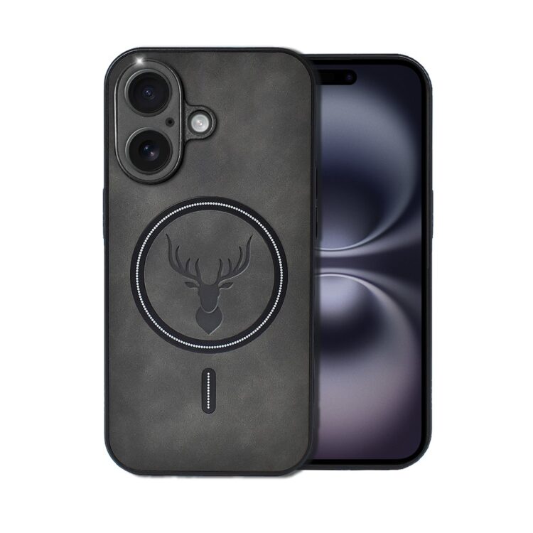 Czarny iPhone z etui z jeleniem.