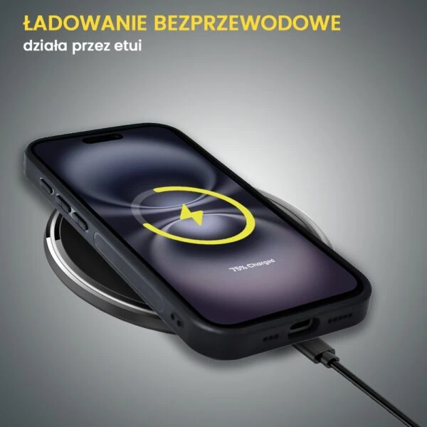 Smartfon ładujący się bezprzewodowo na podstawce.