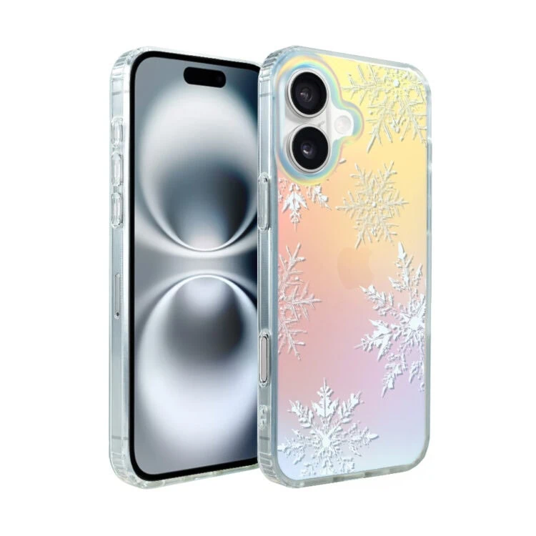 Etui do iPhone 16 Christmas, płatki śniegu, zmieniające kolor (1) iPhone z etui z motywem płatków śniegu.