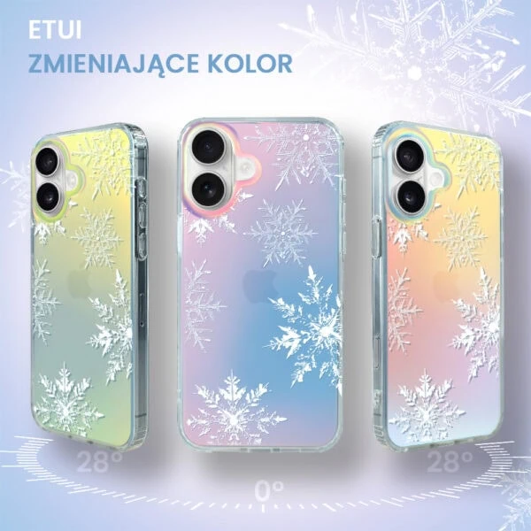 Etui do iPhone 16 Christmas, płatki śniegu, zmieniające kolor (3) Kolorowe etui na telefon z wzorem płatków śniegu.
