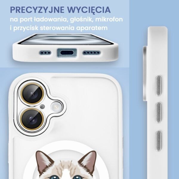 Etui na telefon z kotem i precyzyjnymi wycięciami.