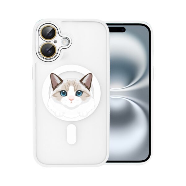 Telefon z kotem na etui i uchwytem PopSocket.