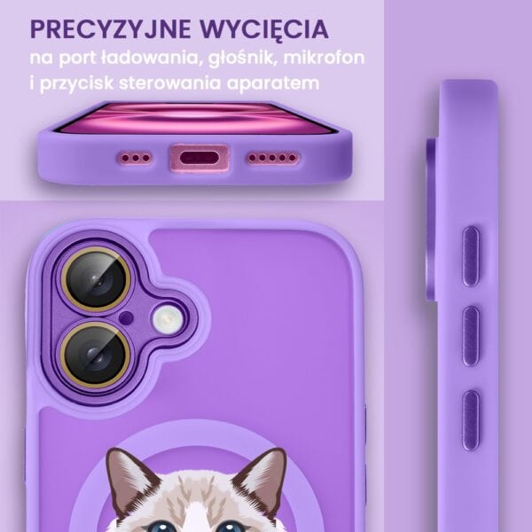 Fioletowe etui na telefon z kotem i precyzyjnymi wycięciami.