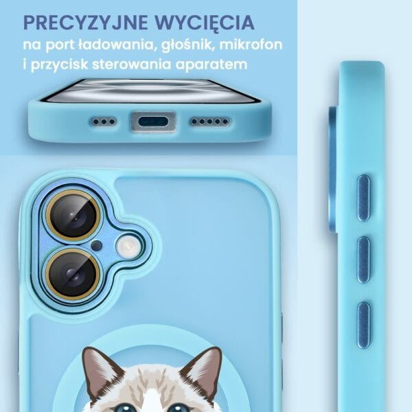 Niebieski etui na telefon z kotem, wyjścia na akcesoria.