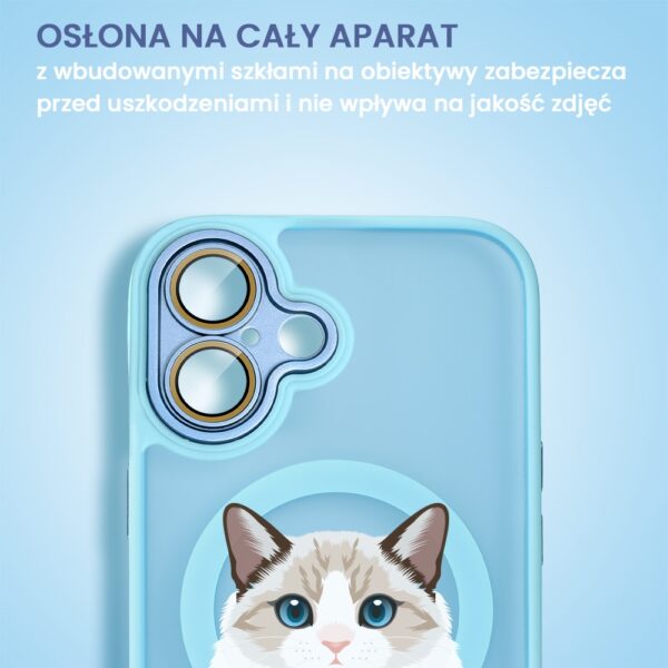 Niebieskie etui na telefon z ochroną kamery i kotem.